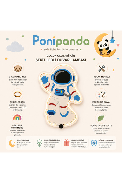 PONİPANDA ASTRONOT TASARIMLI RENK DEĞİŞTİREN RGB LED ÇOCUK ODASI DUVAR GECE LAMBASI – UZAKTAN KUMANDALI