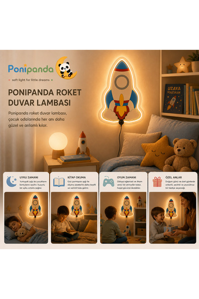 Ponipanda Roket Figürlü RGB LED Çocuk Odası Duvar Gece Lambası