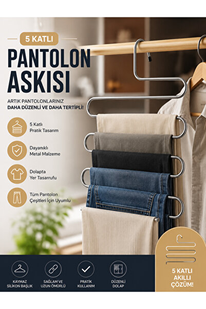 Mode Cool 5 Katlı Pantolon Askısı – Metal Çoklu Dolap Düzenleyici, Yer Tasarr...