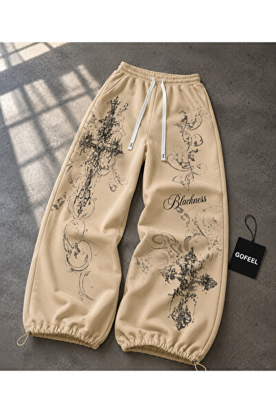 Gofeel Gothic Rose Detailed Baggy Unisex Sweatpants (3 Threads)
