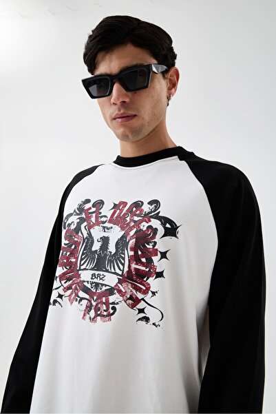 borz clo Double Color Eagle Printed Detailed Oversize Long Sleeve Tshirt