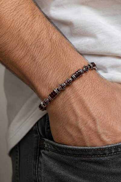 Silvano Jewelry 925 Ayar Gümüş Zirkon Garnet Taşlı Erkek Bileklik
