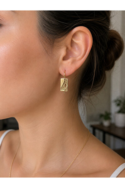 Lumel Takı Cm Jewelry Gold Renk Dikdörtgen Vintage Desenli Küpe