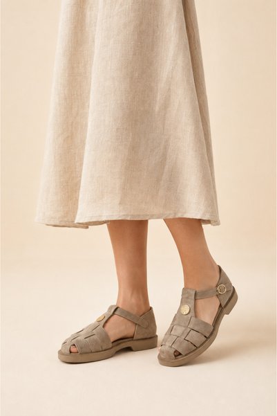 a ayak&kabım official Lady Genuine Leather Women's Sandals Beige Fisherman Model Mesh Detailed Ankle Strap Daily Comfortable
