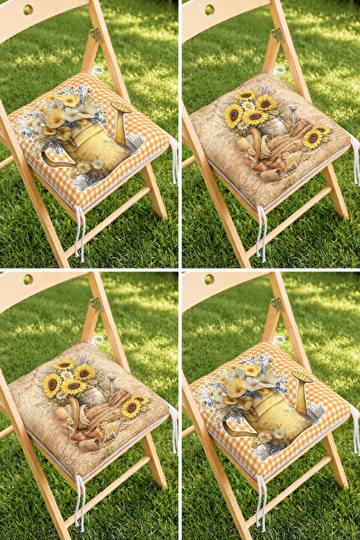 Home Ayçiçeği, Papatya ve Sulama Kovası Desenli Vintage Turuncu Kareli 4'lü P...