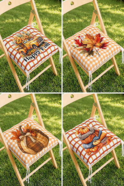 Home Happy Fall Yazılı, Sonbahar Yapraklı, Balkabaklı ve Ekose Desenli 4'lü P...