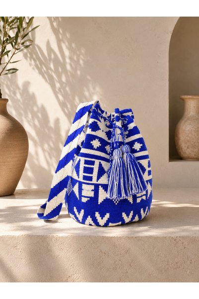 MODA Blue and White Knitted Wayuu Bag