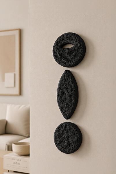 Muyika Design Çağdaş Duvar Sanatı 3'lü Set Koyu Gri Beton Dokulu Heykelsi Duv...