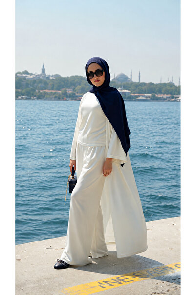 Rosto Fashion Hijab 3-Piece Set, Cardigan, Wide-Leg Pants, Blouse Abaya Set