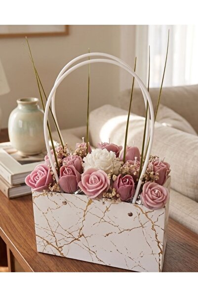 Raw Home Özel Gün Hediyesi Gold Desenli Çanta Pastel Pembe 14 Parça Gül ve La...