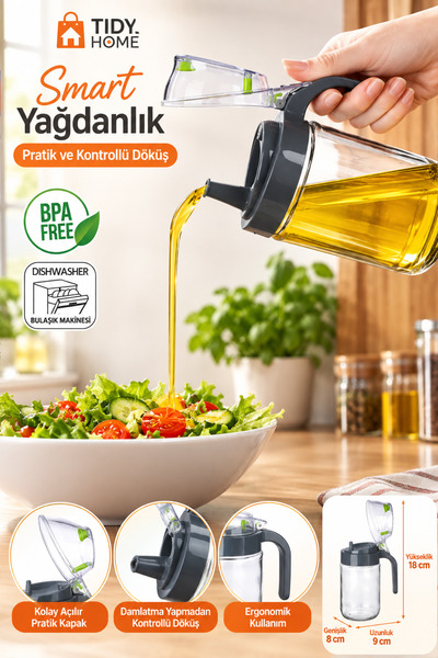 Tidy Home Smart 660 ml Cam Yağdanlık – Damlatmaz Akıllı Kapaklı, Kulplu Kontr...