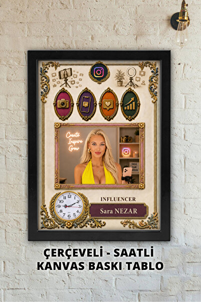 Atika İnstagram Fenomenlerine Özel, Saatli Fotoğraflı Kanvas Tablo / Çerçevel...