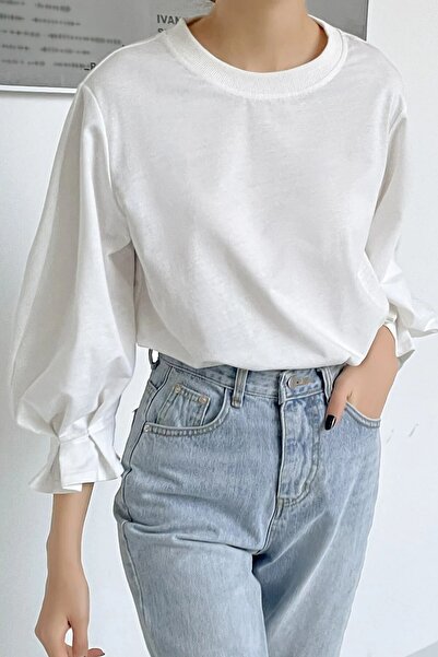 BLUE STREET Women's Modern Cut, Thin Sleeve Detailed Oversize Basic Blouse