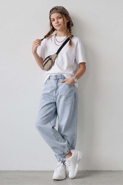 Dmb Girl's 9-14 Years Soft Denim Jogger Pants Blue