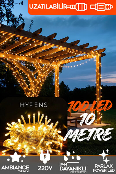 HYPENS 100 LED 10 Metre Pirinç Tel Işık Sarı Gün Işığı 8 Modlu 220V Fişli Dek...