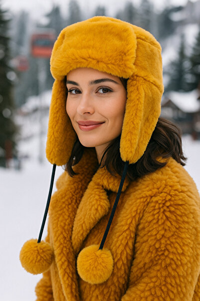 Luminos Butik Women's Saffron Pompom Fur Plush Hat with Earmuffs Beanie1103