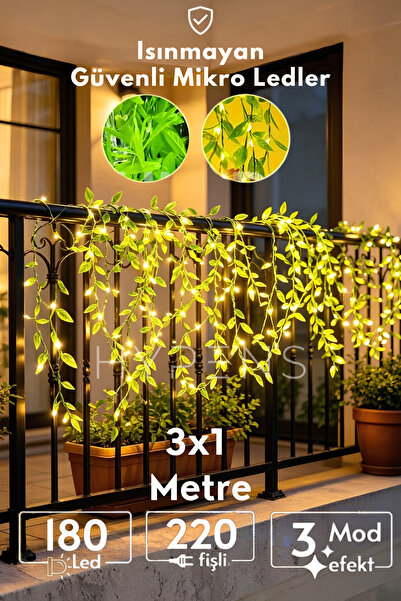 HYPENS Yapraklı LED Işık 180 LED 3x1 Metre 220V Fişli 3 Modlu Dekoratif Ambiy...