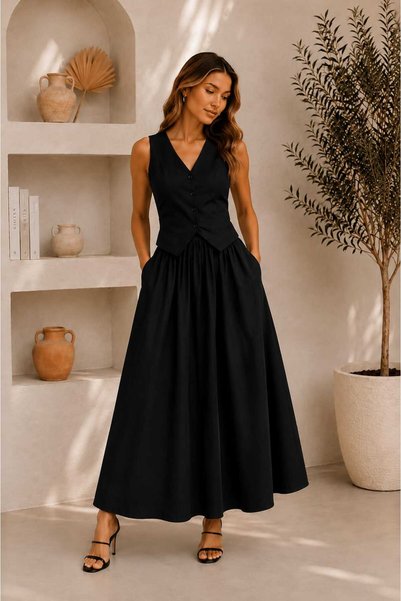 ALANOVA FASHION KADIN ASTAR YELEKLİ CEP DETAYLI KLOŞ ETEKLİ TAKIM