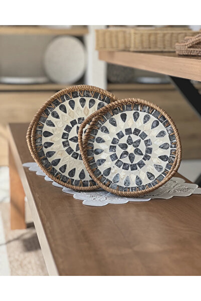 Mary's Concept Rattan Yuvarlak Sedefli Tepsi - 2'li Set 23 cm ve 20 cm