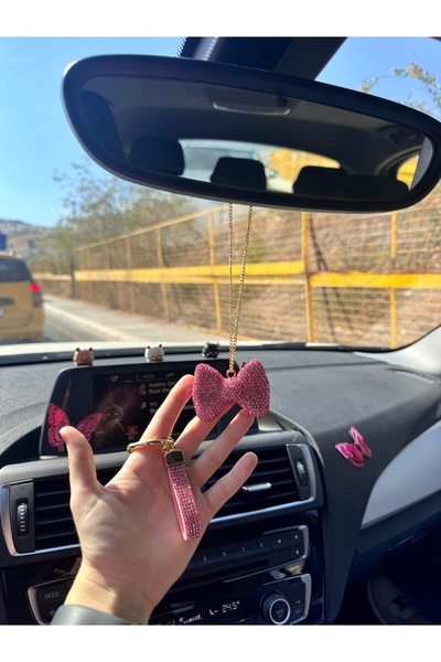 senfida Otomobil dikiz süsü pembe taşlı fiyonk taşlı kurdele dikiz süsü ve an...