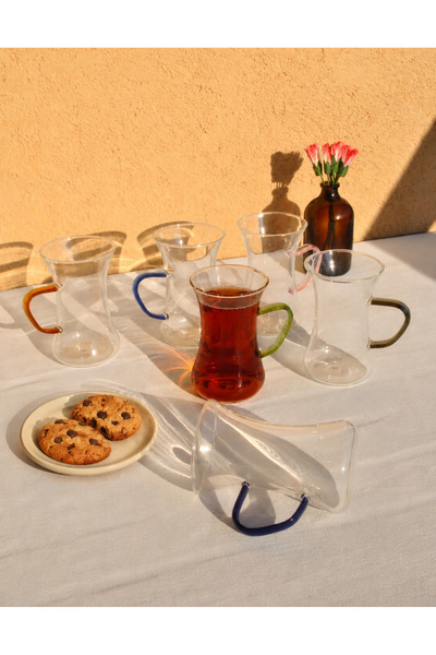 Qualitev 6 Adet Cam Çok Renkli Kulplu Çay Bardağı 150 ml Kulplu Çay Bardak