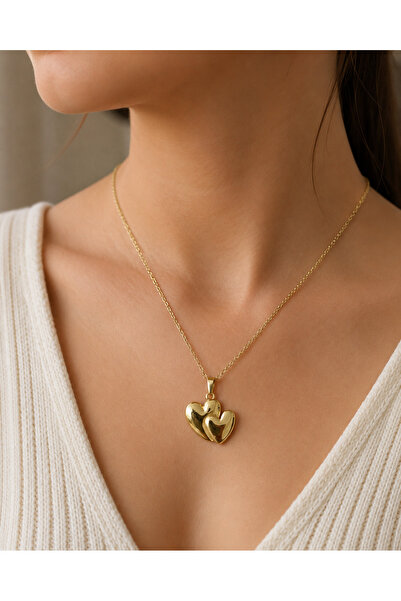 XUPİNGS JEWELRY Double Heart Gold Necklace – Minimal Elegant Steel Women's Ne...