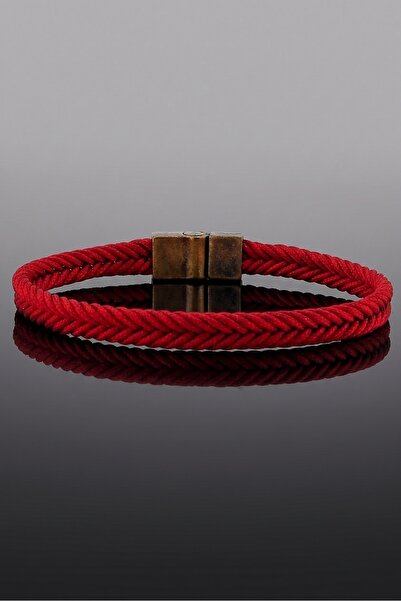 Solfera Red Hair Braid Rope Antique Yellow Color Metal Magnet Men's Bracelet ...