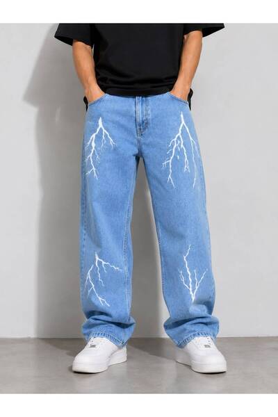 Erkek Baggy Fit Siyah Şimşek Desenli
