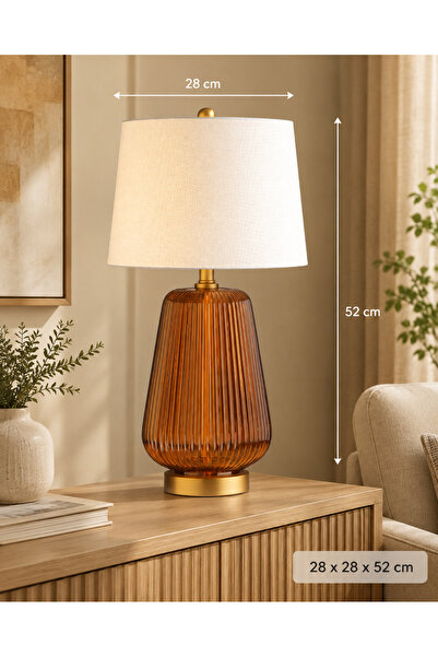 Hinora Büyük Boy Amber Cam Abajur 28x28x52 cm Gold Detaylı Beyaz Şapkalı Deko...