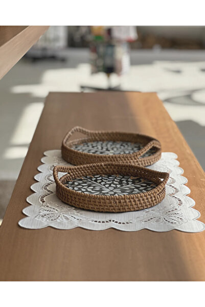 Mary's Concept Rattan Yuvarlak Sedefli Tepsi - 2'li Set 23 cm ve 20 cm