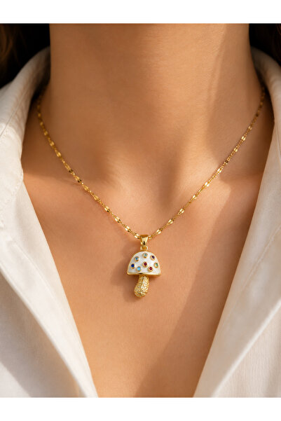 Stainless steelss Gold Color Women's Necklace with Colorful Stone and Mushroo...