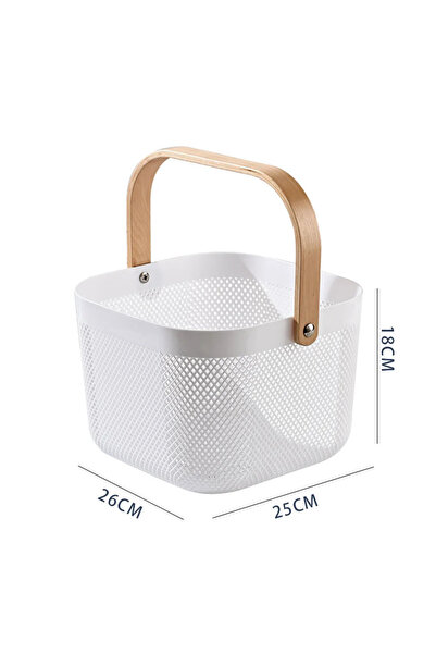 Tasarım Evi Beyaz Ahşap Saplı Kare Metal Tel Sepet Organizer Modern Dekoratif Sunum & Meyvelik