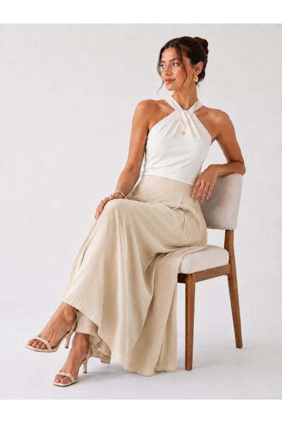 Dream Style Women's Tencel Elastic Waist Double Pocket Skirt-Looking Pants