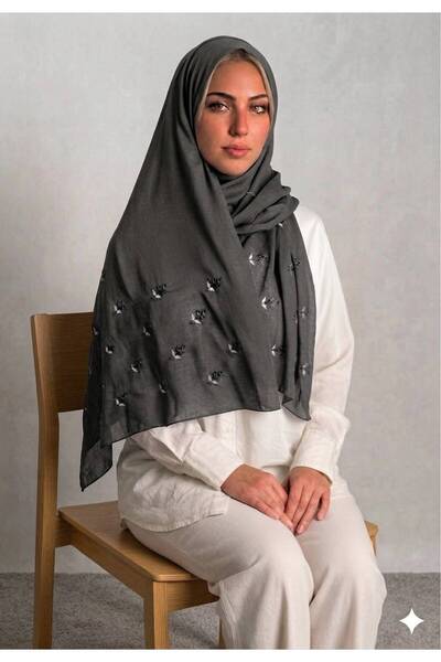 Veil Designer Charcoal Gray Two-Layered Fabric with Embroidery on Both Sides,...