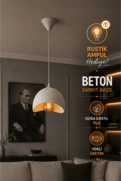 JUTUAL DEKOR Beton Görünümlü Beyaz Tekli Sarkıt Avize Modern Bohem İskandinav...