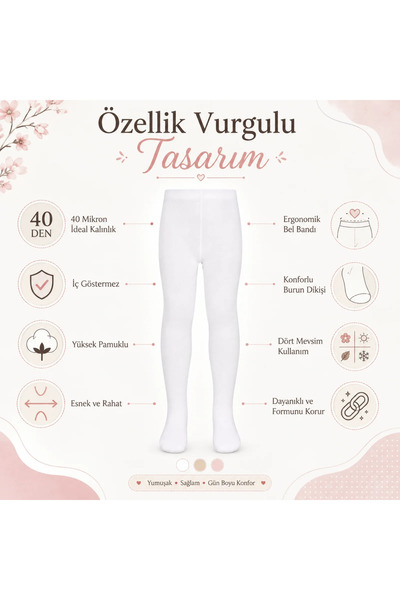 TeOraStore Kız Çocuk Beyaz 40 Denye Pamuklu Opak Külotlu Çorap Okul Bale ve Özel Gün Çorabı