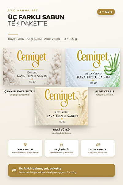 Kaya Tuzlu Sabun 3'lü Deneme Seti 3 Farklı Çeşit Yüz ve Vücut 3 x 120 g