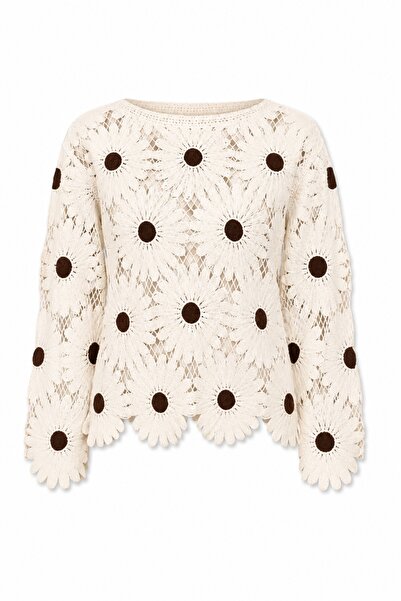 5in1Canpolat Cream Floral Patterned Openwork Knitwear 6048