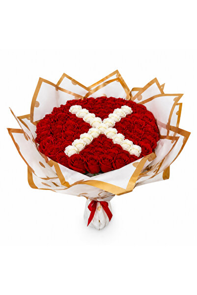 velve Buchet floral personalizat cu litera, din 65 trandafiri de sapun, Rosu-...