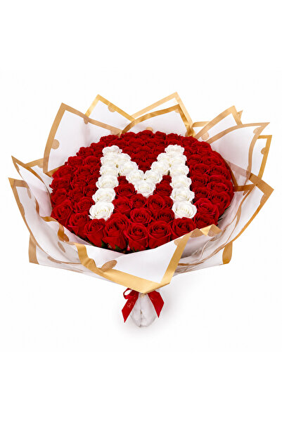 velve Buchet floral personalizat cu litera, din 65 trandafiri de sapun, Rosu-...
