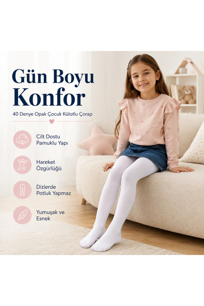 TeOraStore Kız Çocuk Beyaz 40 Denye Pamuklu Opak Külotlu Çorap Okul Bale ve Özel Gün Çorabı