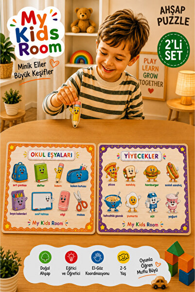 My Kids Room 2'li Ahşap Puzzle Seti Eğitici Öğretici Bul Tak Yapboz Okul Eşya...