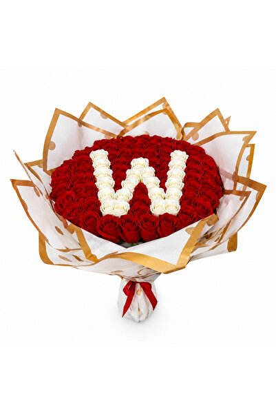 velve Buchet floral personalizat cu litera, din 65 trandafiri de sapun, Rosu-...