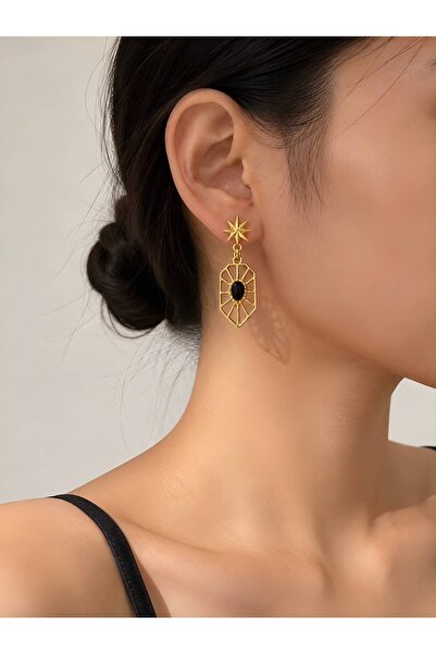 Ayzida Gold Siyah Taşlı Yıldız Figürlü Sallantılı Küpe