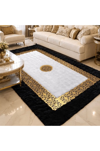 Volas Siyah Beyaz Gold Detaylı Bubble Peluş Halı – Yumuşak Dokulu Dekoratif S...