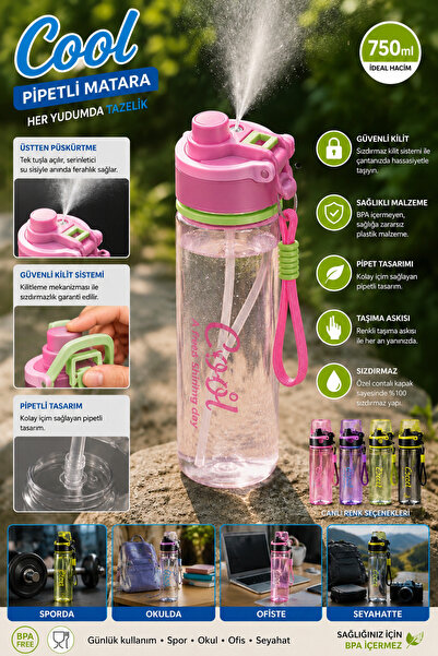 pango 750 ML ÜSTTEN SU PÜSKÜRTMELİ PİPETLİ SPOR MATARASI