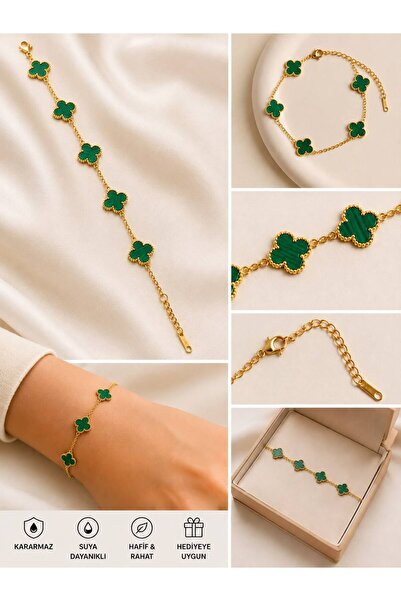 BİJUTAKİ Yeşil Yonca Motifli Gold Bileklik