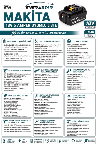 EnerjiStar BL1860B Li-Ion Yedek Akü 18V - 5,0 Ah Kaliteli Pil Tüm Mak uyumlu LXT Aletler İçin Uygun