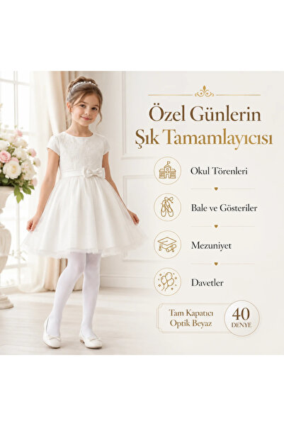 TeOraStore Kız Çocuk Beyaz 40 Denye Pamuklu Opak Külotlu Çorap Okul Bale ve Özel Gün Çorabı