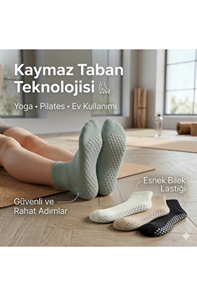 Kaymaz Tabanlı Yoga Pilates 4’lü Çorap, Silikon Tabanlı Esnek Bilekli Nefes Alan Ev ve Spor Çorabı